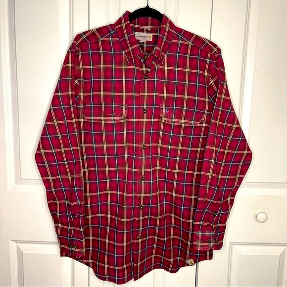 Carhartt Red Plaid Button Down Shirt Size Medium Relaxed Fit Cotton 2 Pocket - Picture 1 of 13